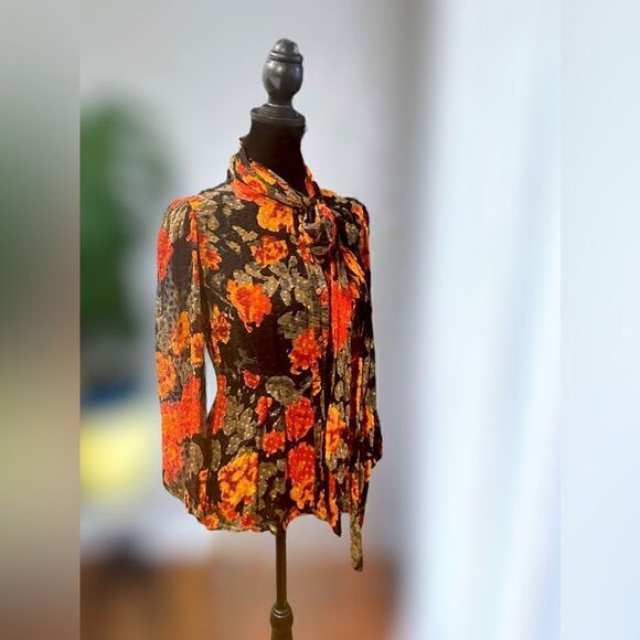 Tracy Reese NY Silk Blouse Top Tie Neck Long Sleeve Sheer Floral Size XS - Picture 7 of 16
